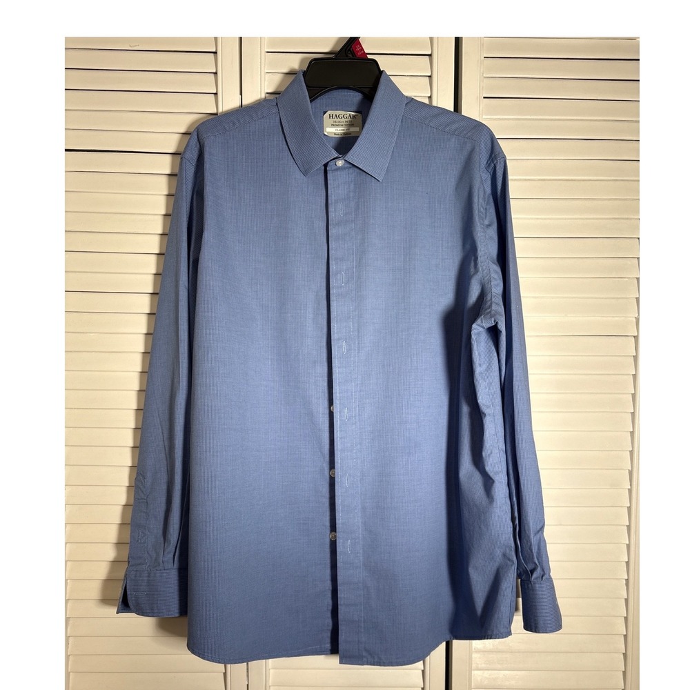 Haggar Mens Blue Micro Check Dress Shirt 16-16.5 34/35Premium Cotton Classic Fit